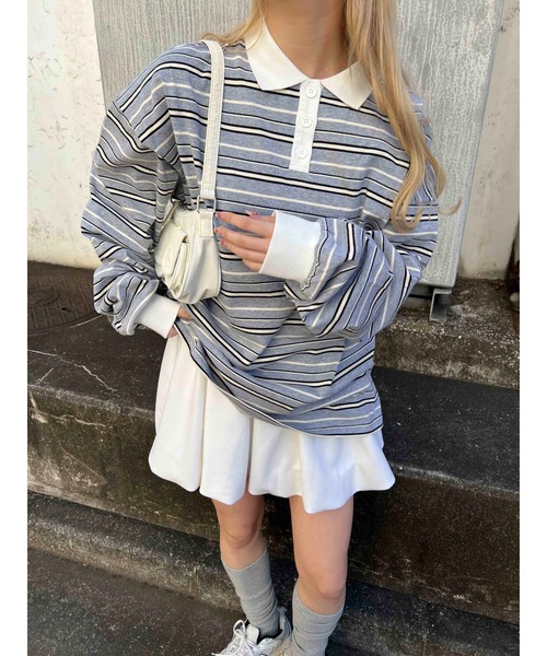 WC（ダブル シー）の「【2025★春夏新作】マルチボーダービッグポロ（ポロシャツ・レディース・グリーン/ブラウン/グレー・FREE）」の8枚目の写真