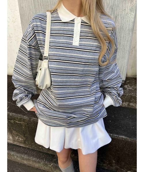 WC（ダブル シー）の「【2025★春夏新作】マルチボーダービッグポロ（ポロシャツ・レディース・グリーン/ブラウン/グレー・FREE）」の9枚目の写真