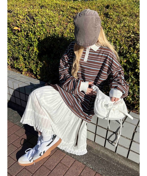 WC（ダブル シー）の「【2025★春夏新作】マルチボーダービッグポロ（ポロシャツ・レディース・グリーン/ブラウン/グレー・FREE）」の15枚目の写真