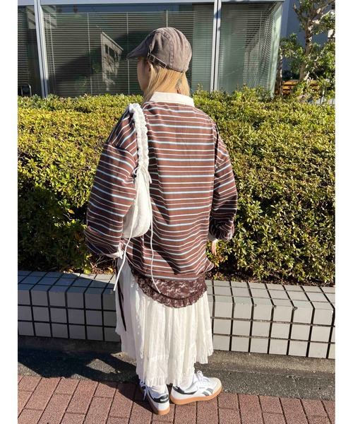 WC（ダブル シー）の「【2025★春夏新作】マルチボーダービッグポロ（ポロシャツ・レディース・グリーン/ブラウン/グレー・FREE）」の16枚目の写真