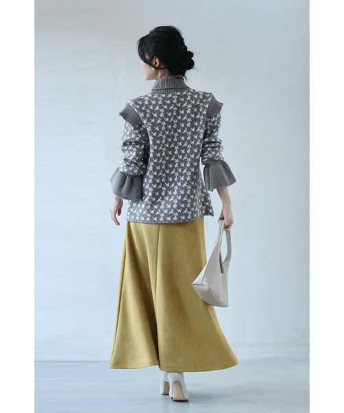 千鳥格子風デザイン柄フレア袖ニットプルオーバートップス（ニット