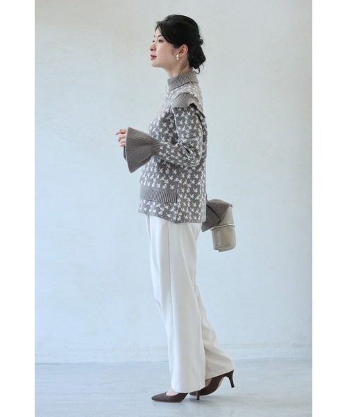 千鳥格子風デザイン柄フレア袖ニットプルオーバートップス（ニット