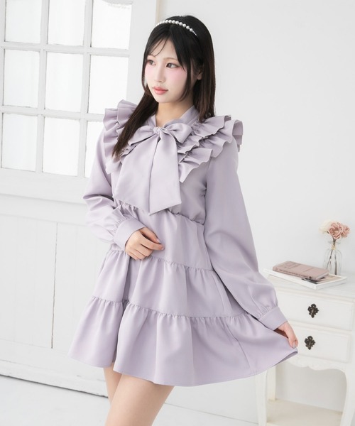 DearMyLoveRose(ディアマイラブローズ)の「ダブルフリルボウタイリボンワンピース(ワンピース・レディース・ブラック/スモークピンク/ホワイト/ラベンダー・3L/LL/LARGE/MEDIUM/SMALL)」の3枚目の写真