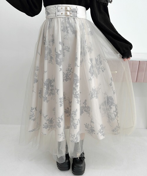 Christian Dior チュールスカート　フラワー柄　ボタニカル柄 大きいサイズ レディース ラメ花柄刺繍チュールフレアスカート