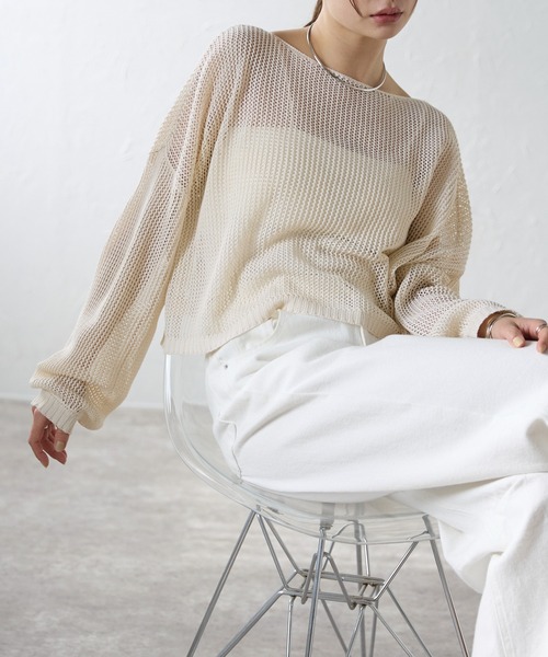 r.（アールドット）の「メッシュニット　ショートプルオーバー（ニット/セーター・レディース・ブラック/キナリ/ベージュ・FREE）」の4枚目の写真