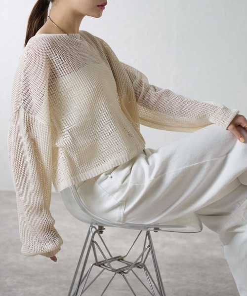 r.（アールドット）の「メッシュニット　ショートプルオーバー（ニット/セーター・レディース・ブラック/キナリ/ベージュ・FREE）」の5枚目の写真
