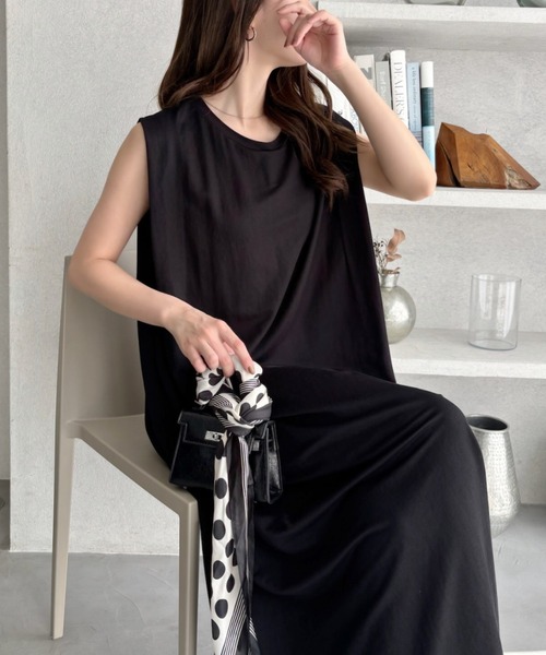 Eclat one(エクラワン)の「【Eclat one】接触冷感 タック フレンチスリーブ Aライン ワンピース(ワンピース・レディース・ブラック/グレイッシュベージュ/キャメル・FREE)」の6枚目の写真