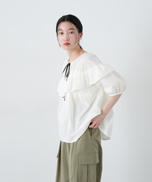 N.（N. Natural Beauty Basic）（エヌエヌナチュラルビューティーベーシック）の「ラッフルバイカラーリボンブラウス（シャツ/ブラウス・レディース・オフホワイト/ブルー/ベージュ・MEDIUM）」の8枚目の写真