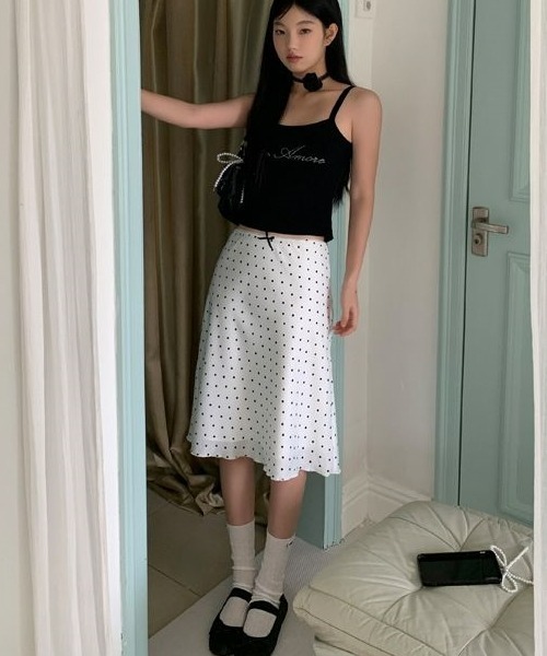 gossip！ロサンゼルス（ゴシップロサンゼルス）の「ヴィンテージ風 ドット柄ミディスカート Aライン 日常＆シンプル（スカート・レディース・ホワイト・S/M/L）」の5枚目の写真