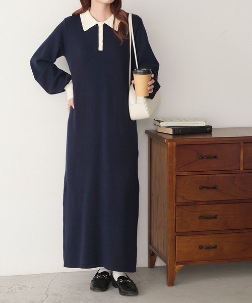 BONLECILL（ボンルシール）の「【至福のカヌレニット】アソートポロニットワンピース（ワンピース・レディース・チャコールグレー/ブラック/ネイビー・L/M）」の3枚目の写真