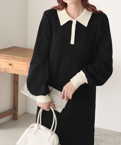 BONLECILL（ボンルシール）の「【至福のカヌレニット】アソートポロニットワンピース（ワンピース・レディース・チャコールグレー/ブラック/ネイビー・L/M）」の2枚目の写真