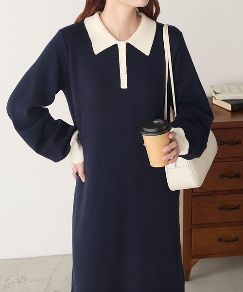 BONLECILL（ボンルシール）の「【至福のカヌレニット】アソートポロニットワンピース（ワンピース・レディース・チャコールグレー/ブラック/ネイビー・L/M）」の14枚目の写真