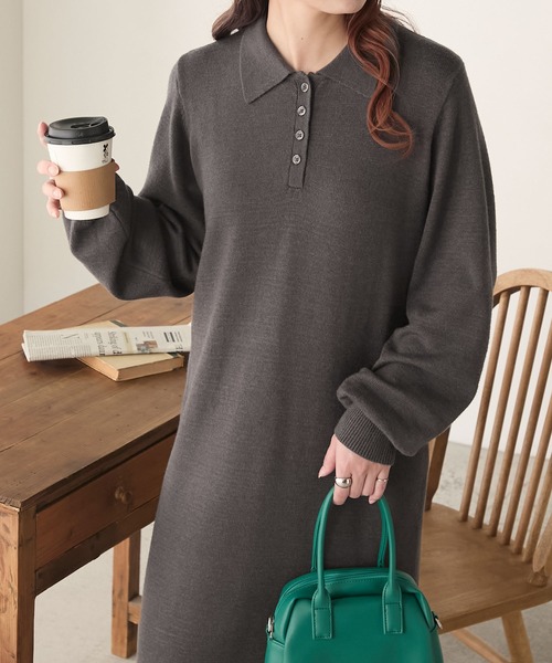 BONLECILL（ボンルシール）の「【至福のカヌレニット】アソートポロニットワンピース（ワンピース・レディース・チャコールグレー/ブラック/ネイビー・L/M）」の4枚目の写真