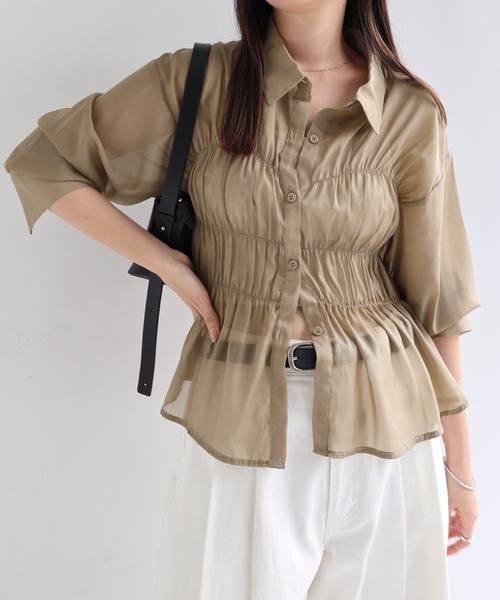 andme(アンドミー)の「ラメシアービスチェ風ペプラムシャツブラウス(シャツ/ブラウス・レディース・ブラック/オフホワイト/チャコールグレー/ダークベージュ/ミント・FREE)」の4枚目の写真