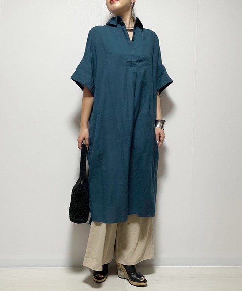 Fizz（フィズ）の「【Fizz/フィズ】　綿麻スキッパーシャツワンピース（シャツワンピース・レディース・グレイッシュベージュ/ブラック/ダークブルー/カーキ・M）」の4枚目の写真