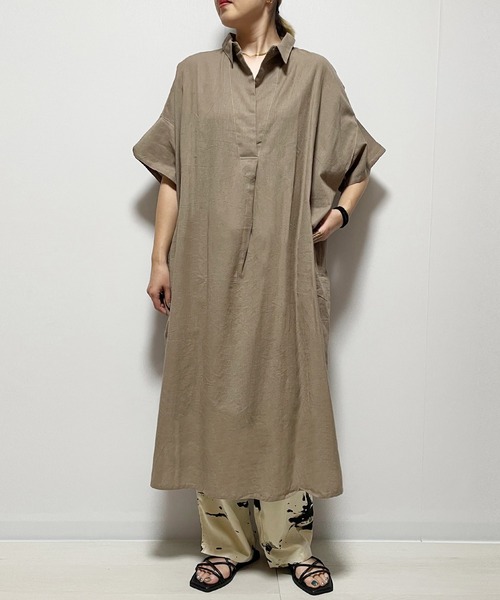 Fizz（フィズ）の「【Fizz/フィズ】　綿麻スキッパーシャツワンピース（シャツワンピース・レディース・グレイッシュベージュ/ブラック/ダークブルー/カーキ・M）」の3枚目の写真