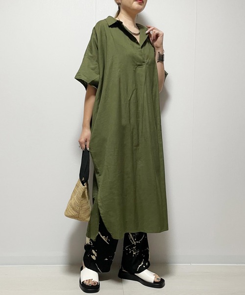 Fizz（フィズ）の「【Fizz/フィズ】　綿麻スキッパーシャツワンピース（シャツワンピース・レディース・グレイッシュベージュ/ブラック/ダークブルー/カーキ・M）」の12枚目の写真