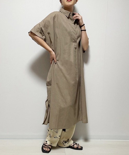 Fizz（フィズ）の「【Fizz/フィズ】　綿麻スキッパーシャツワンピース（シャツワンピース・レディース・グレイッシュベージュ/ブラック/ダークブルー/カーキ・M）」の14枚目の写真