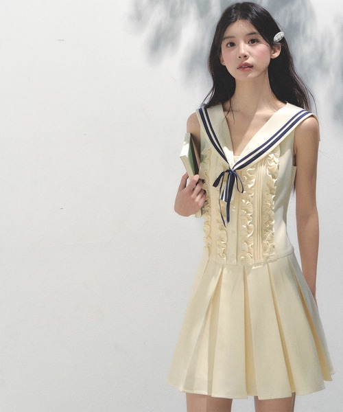 SunsetPark(サンセットパーク)の「セーラーカラー フリルワンピース SP25s083【SunsetPark】(ワンピース・レディース・ネイビー/ライトイエロー・S/M/L)」の12枚目の写真