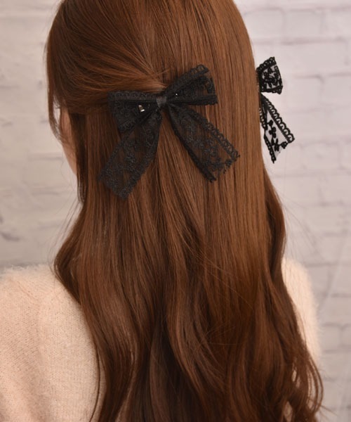 アッカ　クリップ　バレッタ　リボン　レース　ブラック　新品未使用 float】レース リボン デザイン モノトーン ヘアクリップ【2個セット
