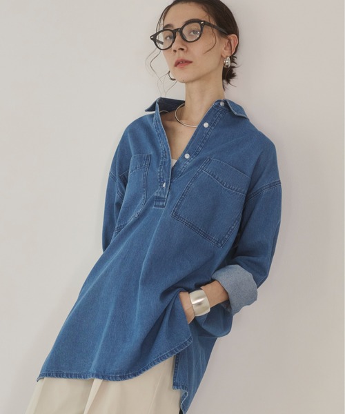 襟が選べる デニム チュニック シャツ （バンドカラー