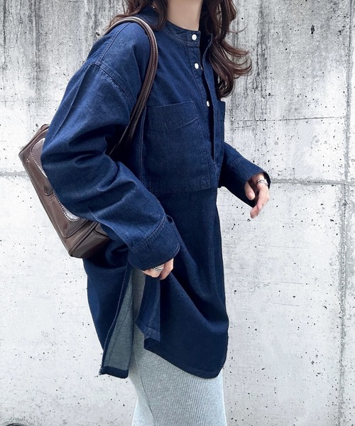 ANGIE(アンジー)の「襟が選べる デニム チュニック シャツ (バンドカラー/レギュラーカラー)(シャツ/ブラウス・レディース・ブルー系1/ネイビー系1/ブルー/ネイビー・FREE)」の14枚目の写真