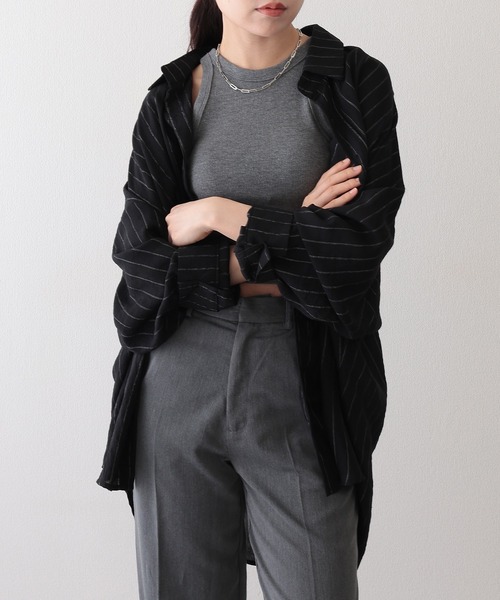 Lace Ladies（レースレディース）の「ストライプ柄 オーバーサイズ レギュラーカラー 長袖 シャツ（シャツ/ブラウス・レディース・アイボリー/ブラック・FREE）」の4枚目の写真