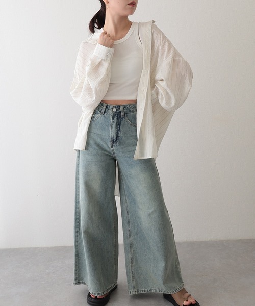 Lace Ladies（レースレディース）の「ストライプ柄 オーバーサイズ レギュラーカラー 長袖 シャツ（シャツ/ブラウス・レディース・アイボリー/ブラック・FREE）」の6枚目の写真