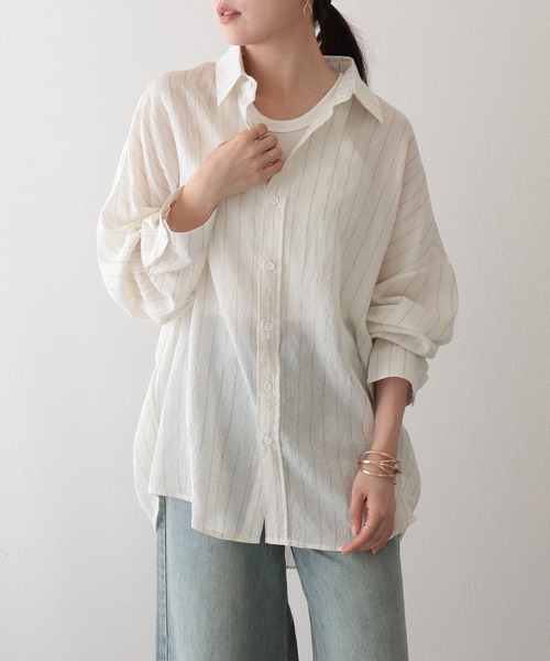Lace Ladies（レースレディース）の「ストライプ柄 オーバーサイズ レギュラーカラー 長袖 シャツ（シャツ/ブラウス・レディース・アイボリー/ブラック・FREE）」の7枚目の写真