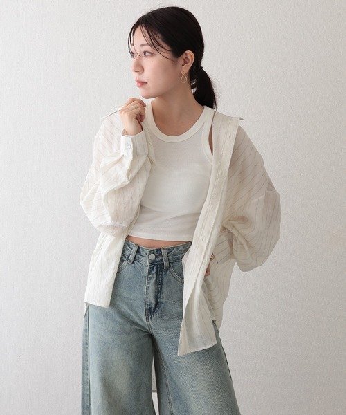 Lace Ladies（レースレディース）の「ストライプ柄 オーバーサイズ レギュラーカラー 長袖 シャツ（シャツ/ブラウス・レディース・アイボリー/ブラック・FREE）」の8枚目の写真