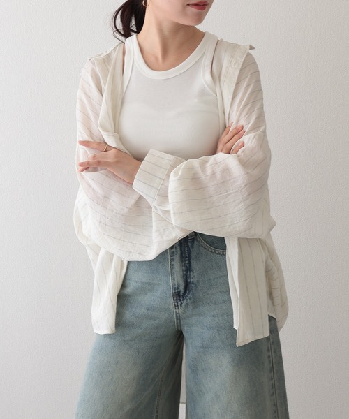 Lace Ladies（レースレディース）の「ストライプ柄 オーバーサイズ レギュラーカラー 長袖 シャツ（シャツ/ブラウス・レディース・アイボリー/ブラック・FREE）」の9枚目の写真