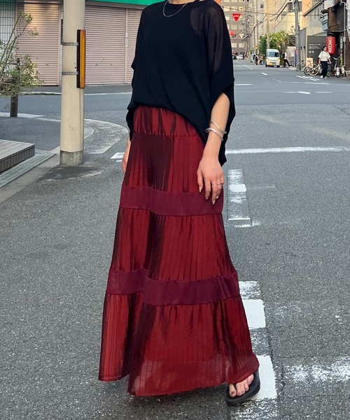 terrace(テラス)の「シアータックプリーツメッシュティアードスカート(スカート・レディース・ダークグリーン/ワイン/ブラック・MEDIUM)」の4枚目の写真