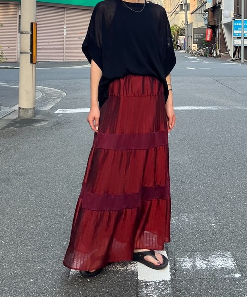 terrace(テラス)の「シアータックプリーツメッシュティアードスカート(スカート・レディース・ダークグリーン/ワイン/ブラック・MEDIUM)」の5枚目の写真