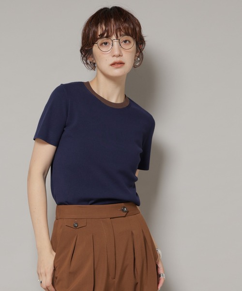 NANO universe(ナノユニバース)の「コンパクト総針ニットトップス(Tシャツ/カットソー・レディース・オフホワイト/ネイビー・S/M)」の2枚目の写真
