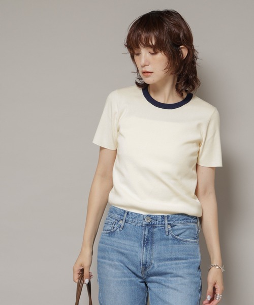 NANO universe(ナノユニバース)の「コンパクト総針ニットトップス(Tシャツ/カットソー・レディース・オフホワイト/ネイビー・S/M)」の3枚目の写真