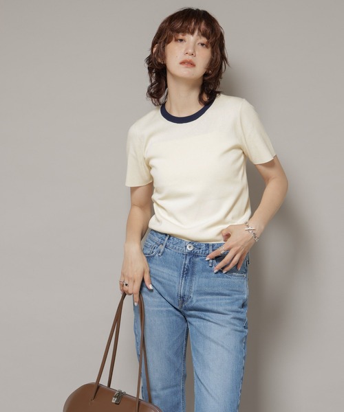 NANO universe(ナノユニバース)の「コンパクト総針ニットトップス(Tシャツ/カットソー・レディース・オフホワイト/ネイビー・S/M)」の4枚目の写真
