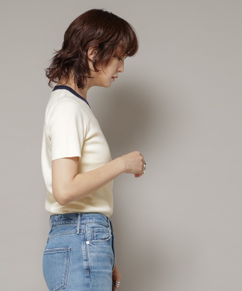 NANO universe(ナノユニバース)の「コンパクト総針ニットトップス(Tシャツ/カットソー・レディース・オフホワイト/ネイビー・S/M)」の5枚目の写真