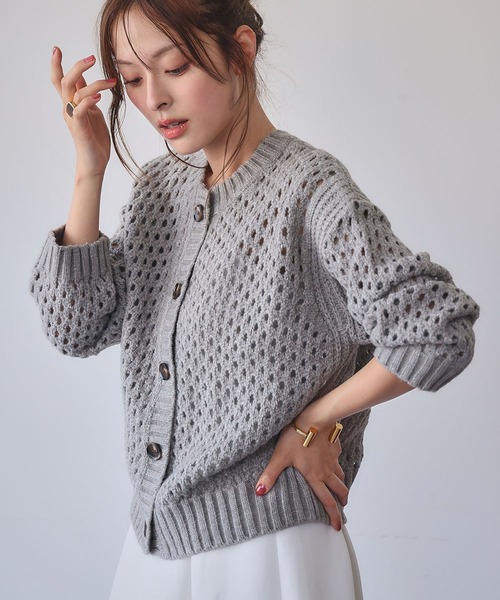 2025AW】透かし編み メッシュニット クルーネック カーディガン