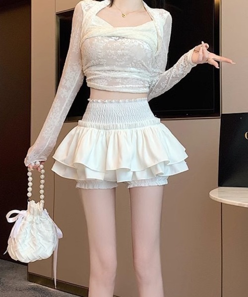 gossip!ロサンゼルス(ゴシップロサンゼルス)の「ハイウエスト2段フリルレイヤードミニスカート インナーショーツ付き(スカート・レディース・ホワイト/ブラック・S/M)」の10枚目の写真