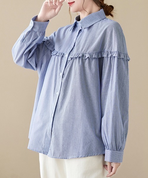 セール】フリルデザインストライプブラウス（シャツ/ブラウス）｜ONEP