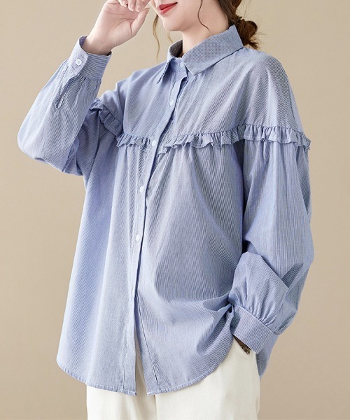 セール】フリルデザインストライプブラウス（シャツ/ブラウス）｜ONEP