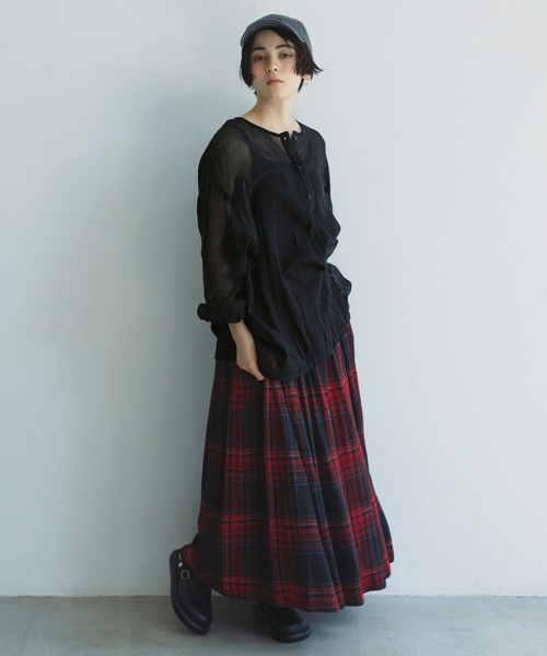 natural by clip》リネンレーヨンチェックギャザースカート