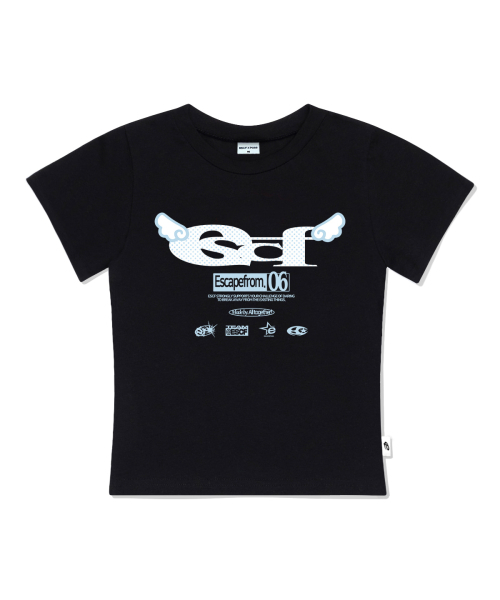 ESCAPEFROM（エスケープフロム）の「エンジェル ESCF ロゴ コラージュプリント スリムフィット 半袖Tシャツ ブラック（Tシャツ/カットソー・レディース・その他・MEDIUM）」の2枚目の写真