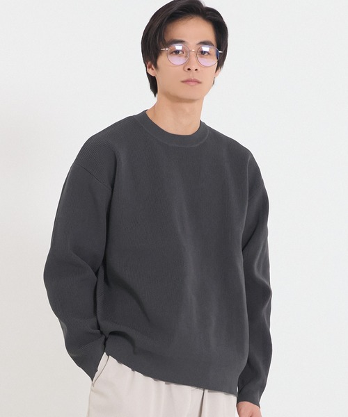 coca（coca）（コカ）の「ポリウーリー畦編みクルーネックニット（ニット/セーター・メンズ・グレイッシュベージュ/チャコール/ネイビー/レッド・L/M/XL）」の2枚目の写真