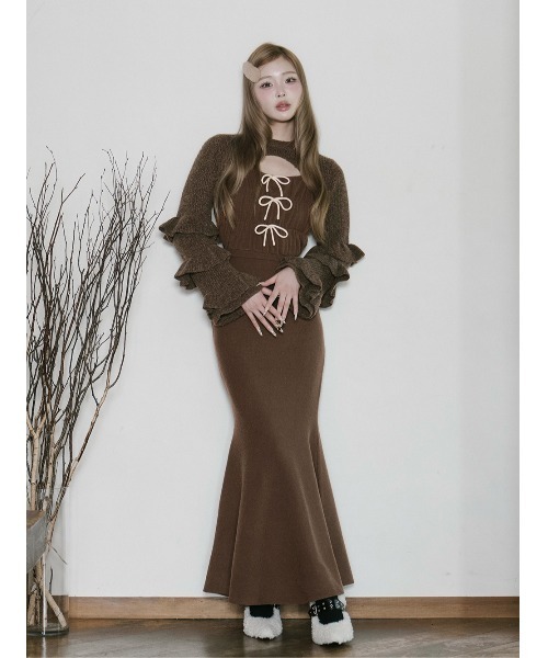 リボンデザインシャギーニットロングワンピース（ワンピース）｜Darich