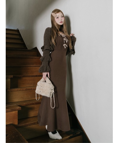 リボンデザインシャギーニットロングワンピース（ワンピース）｜Darich