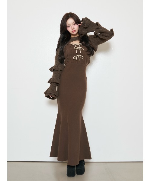 リボンデザインシャギーニットロングワンピース（ワンピース）｜Darich