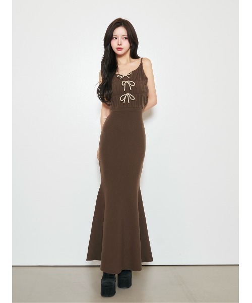 リボンデザインシャギーニットロングワンピース（ワンピース）｜Darich
