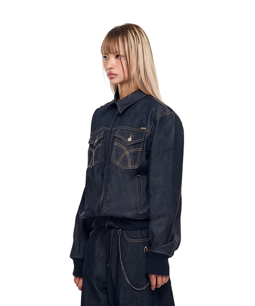 セール】Banding Denim Zip-Up Jacket (Dark Blue)（デニムジャケット