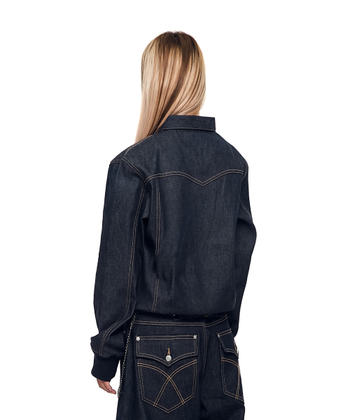 セール】Banding Denim Zip-Up Jacket (Dark Blue)（デニムジャケット